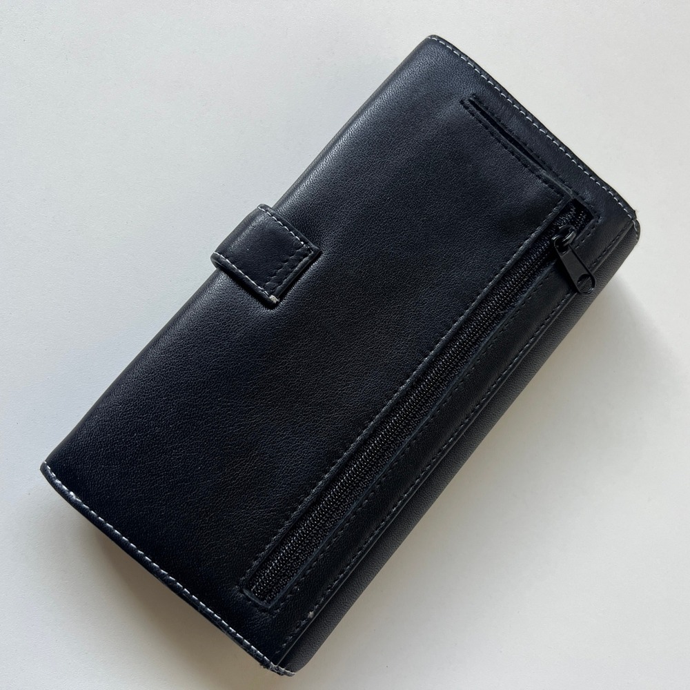 Black Genuine Leather Wallet Organizer Clutch Checkbook Holder - Picture 6 of 10